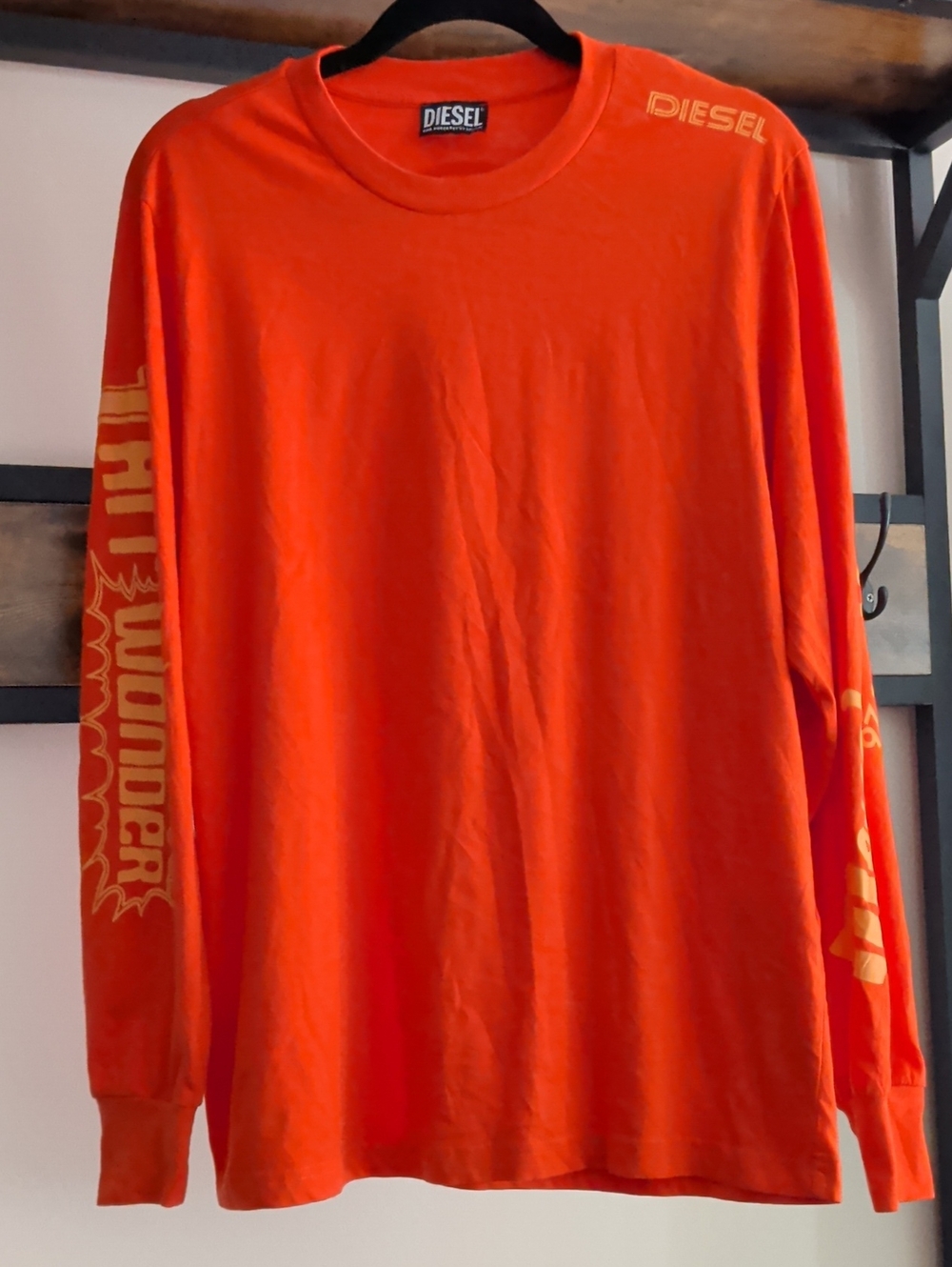 Diesel Men’s Long Sleeve Graphic Tee in Vibrant Orange with Yellow Accents